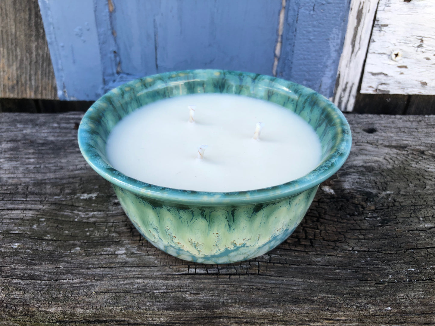 Ceramic Pottery Candle Bowl in "Bermuda" Green-Blue Glaze with Soy Candle