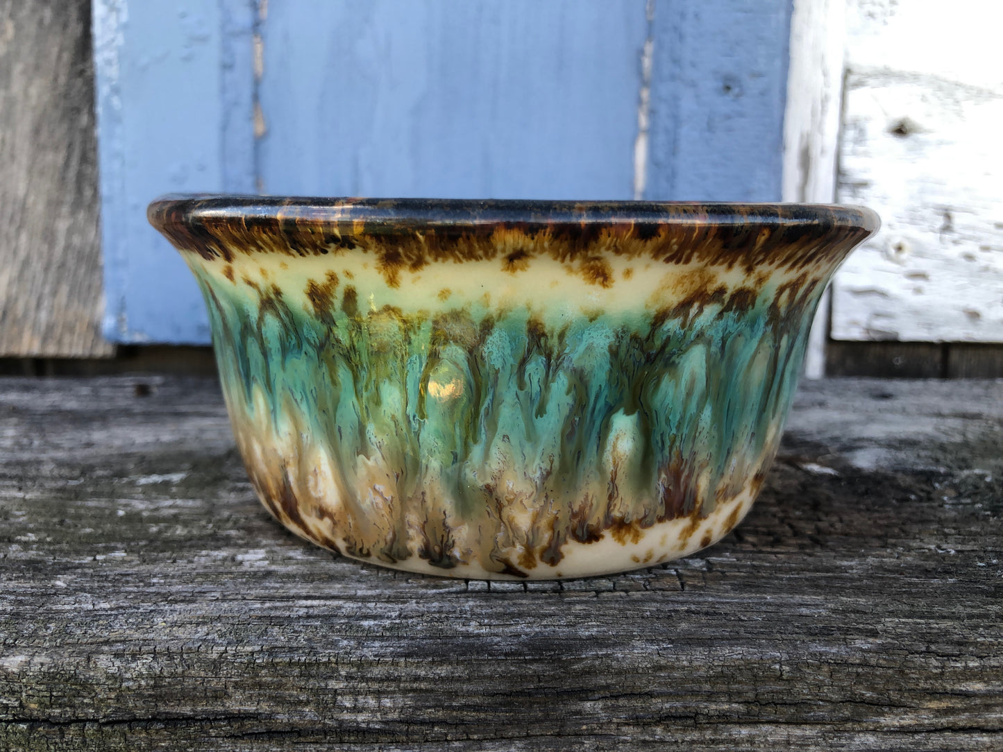 Ceramic Pottery Candle Bowl in "Lakeside" Gold-Multicolor Glaze with Soy Candle