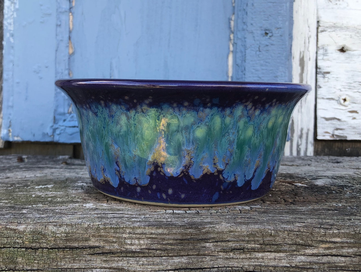 Ceramic Pottery Candle Bowl in "Nebula" Purple-Multicolor Glaze with Soy Candle