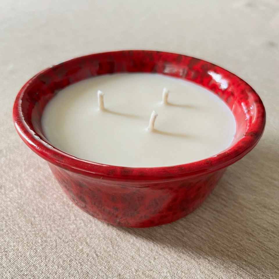 Ceramic Pottery Candle Bowl in "Carnelian" Red Glaze with Soy Candle