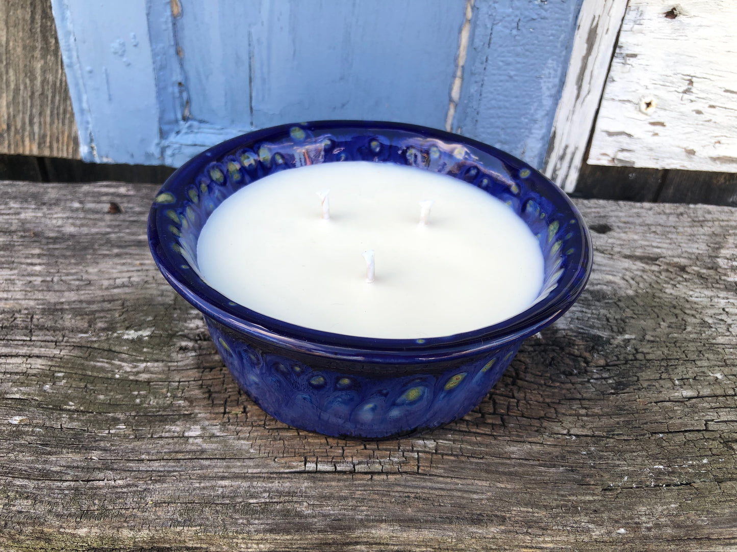 Ceramic Pottery Candle Bowl in "Starry Night" Blue Glaze with Soy Candle