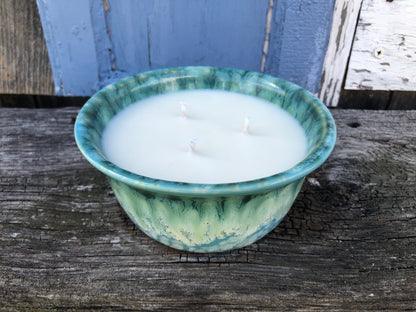 Ceramic Pottery Candle Bowl in "Bermuda" Green-Blue Glaze with Soy Candle