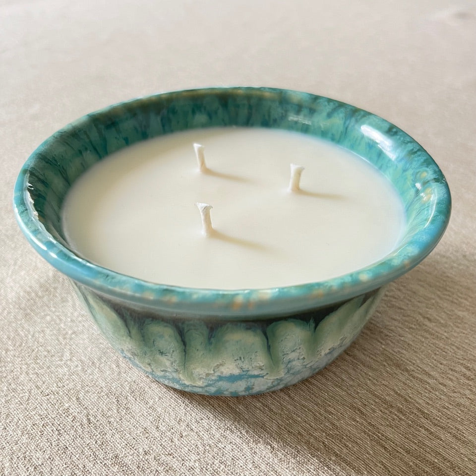 Ceramic Pottery Candle Bowl in "Bermuda" Green-Blue Glaze with Soy Candle