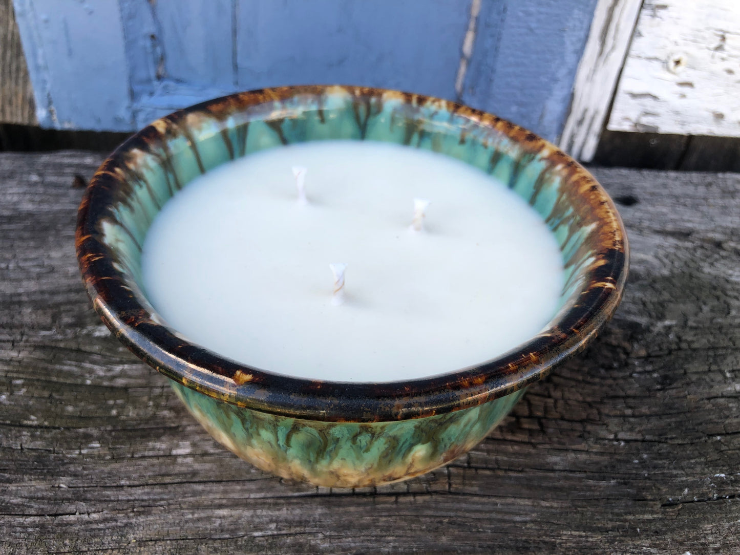 Ceramic Pottery Candle Bowl in "Lakeside" Gold-Multicolor Glaze with Soy Candle