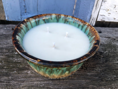 Ceramic Pottery Candle Bowl in "Lakeside" Gold-Multicolor Glaze with Soy Candle