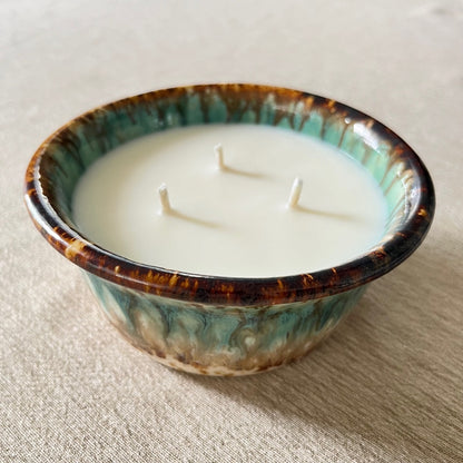 Ceramic Pottery Candle Bowl in "Lakeside" Gold-Multicolor Glaze with Soy Candle