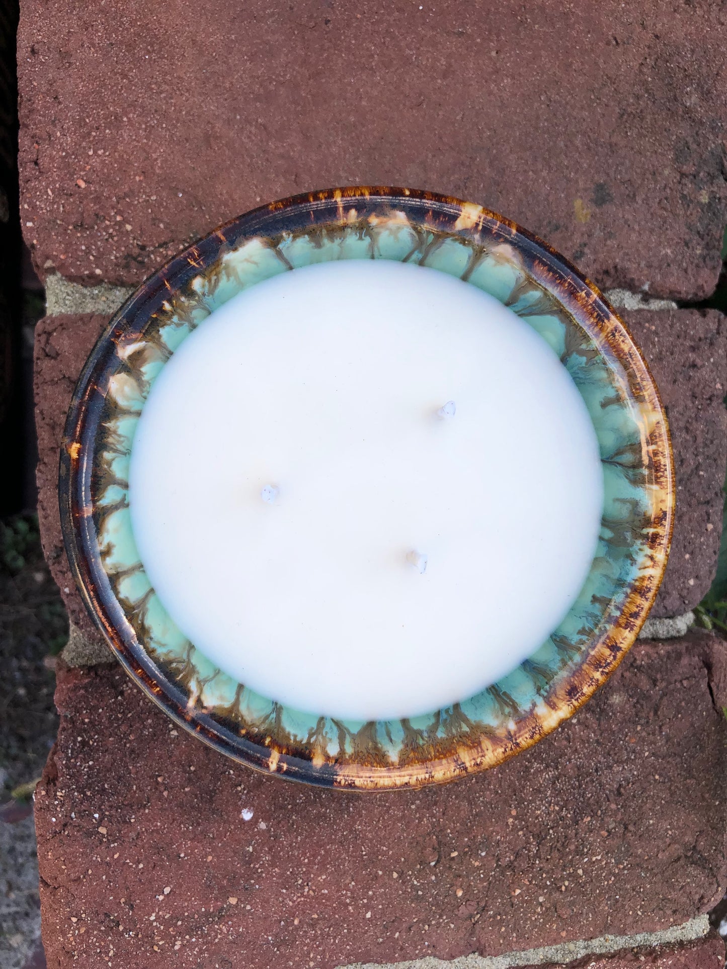 Ceramic Pottery Candle Bowl in "Lakeside" Gold-Multicolor Glaze with Soy Candle