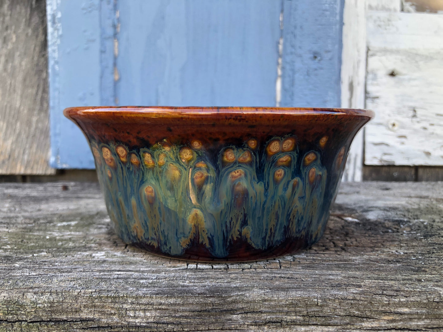 Ceramic Pottery Candle Bowl in "Mahogany" Blue-Multicolor Glaze with Soy Candle