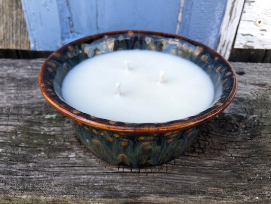 Ceramic Pottery Candle Bowl in "Mahogany" Blue-Multicolor Glaze with Soy Candle