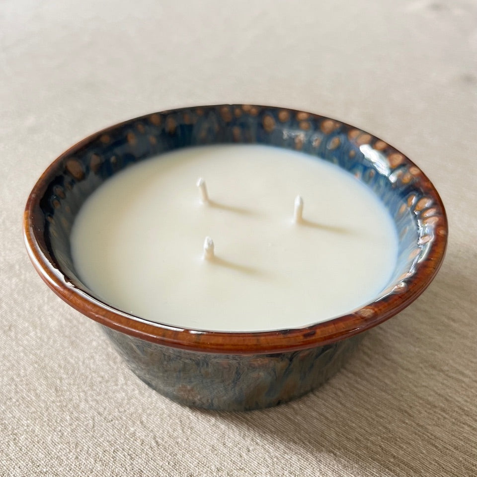 Ceramic Pottery Candle Bowl in "Mahogany" Blue-Multicolor Glaze with Soy Candle