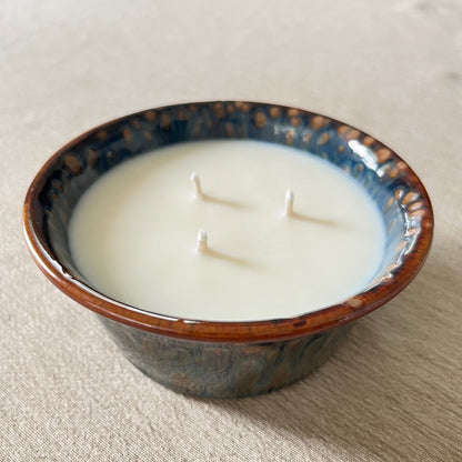 Ceramic Pottery Candle Bowl in "Mahogany" Blue-Multicolor Glaze with Soy Candle