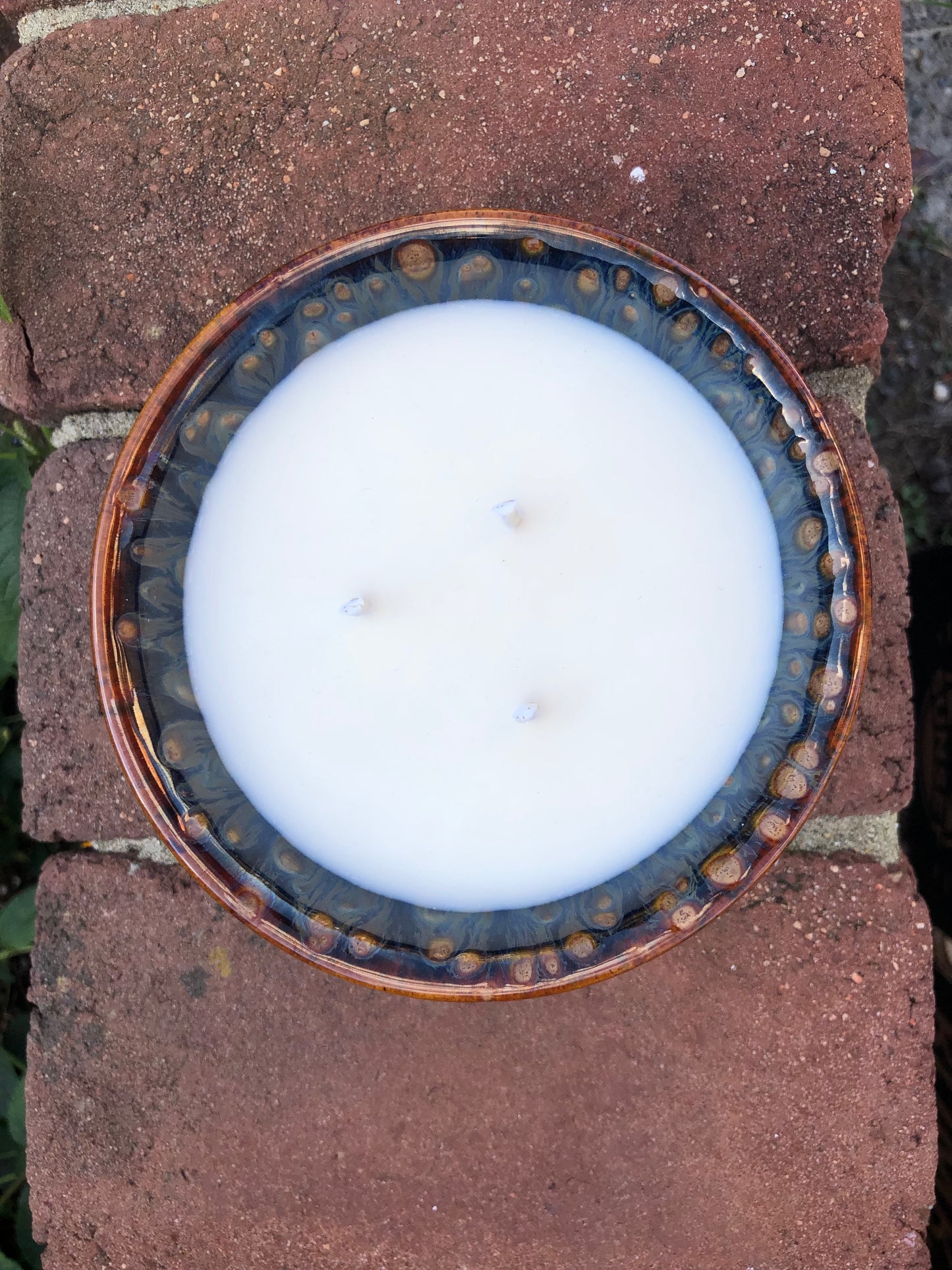 Ceramic Pottery Candle Bowl in "Mahogany" Blue-Multicolor Glaze with Soy Candle