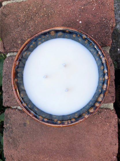 Ceramic Pottery Candle Bowl in "Mahogany" Blue-Multicolor Glaze with Soy Candle