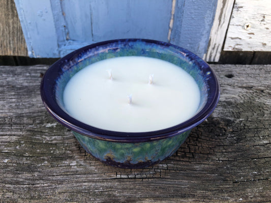 Ceramic Pottery Candle Bowl in "Nebula" Purple-Multicolor Glaze with Soy Candle