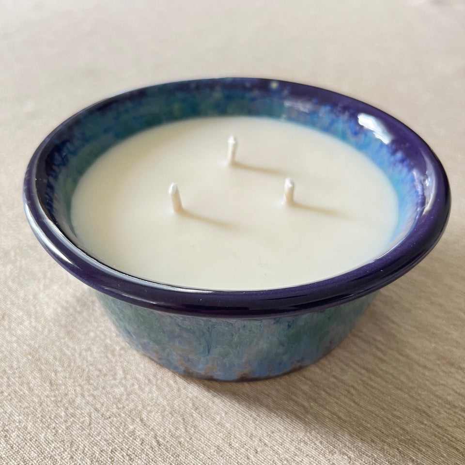 Ceramic Pottery Candle Bowl in "Nebula" Purple-Multicolor Glaze with Soy Candle