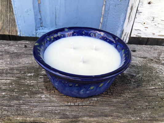 Ceramic Pottery Candle Bowl in "Starry Night" Blue Glaze with Soy Candle