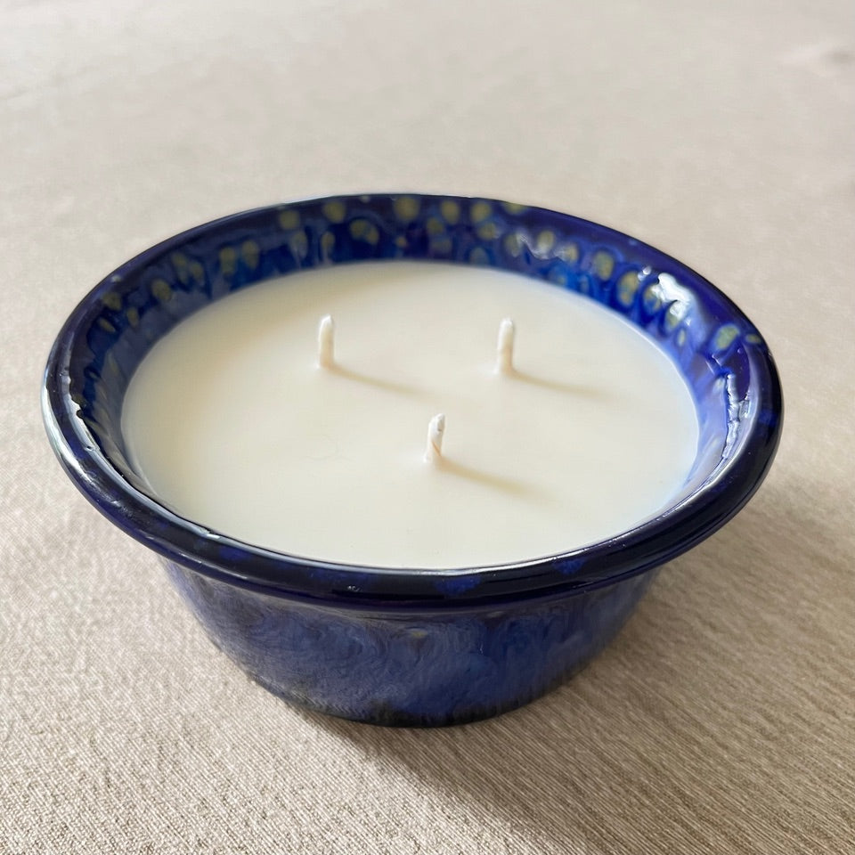 Ceramic Pottery Candle Bowl in "Starry Night" Blue Glaze with Soy Candle